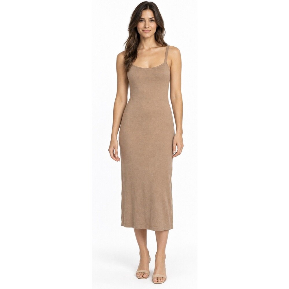 Zara Womens S Camel Tan Knit Midi Dress Sleeveless Bodycon Minimalist Neutral
